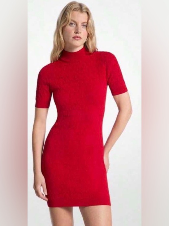 Michael Kors Red Short-Sleeve Turtleneck Mini Dress